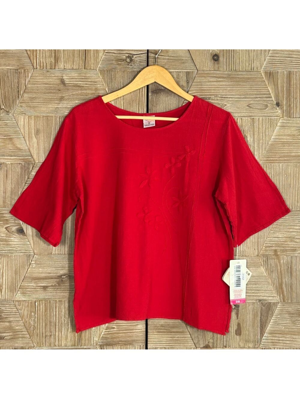 Manta del Lago NWT Women's Bohemian Red Short Sleeve Cotton Top Medium Casual - Picture 2 of 7
